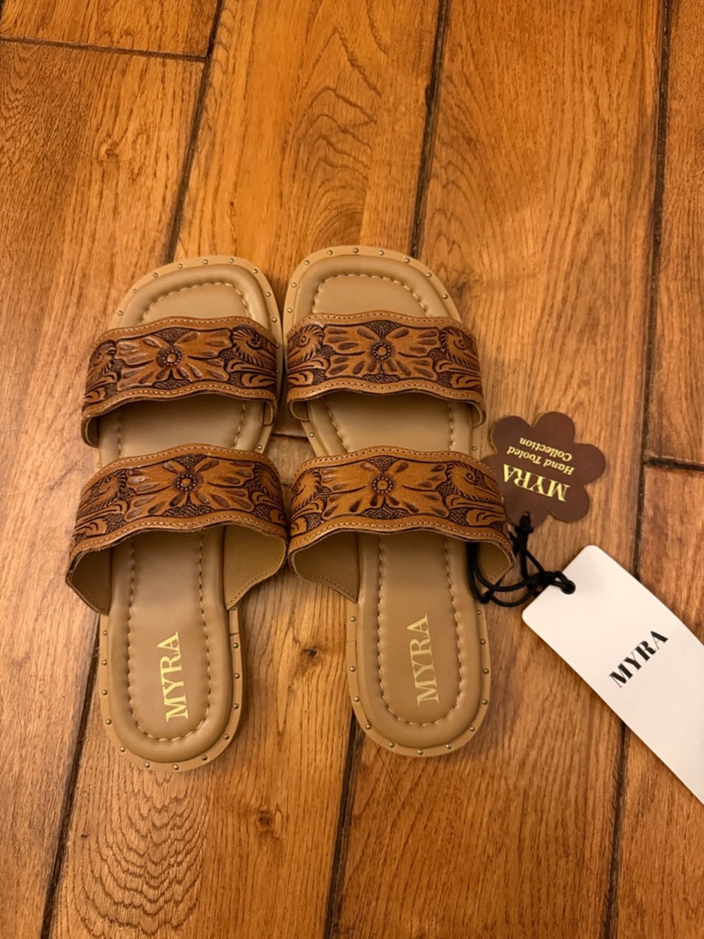 MYRA Leather Tooled Double Strap Slide Sandals - Tan/Brown